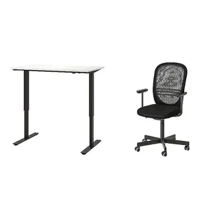 FLINTAN/TROTTEN set: desk sit/stand + office chair with armrests, white/anthracite + black, Depth 70 x Width 120 cm