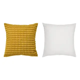 FJÄDRAR/SVARTPOPPEL set: cushion cover + cushion pad, yellow + off-white, 50x50 cm