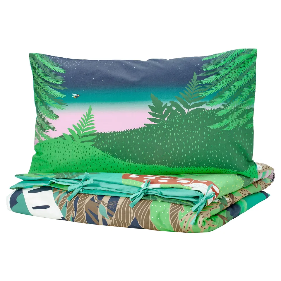 SKOGSDUVA green bedding set, arctic fox & mouse, green, cotton/viscose, rectangular.