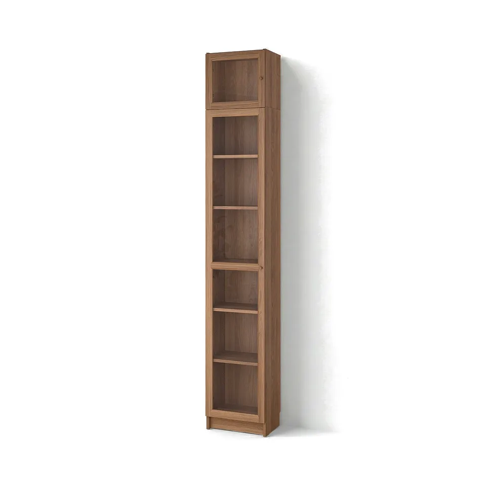 Tall wooden BILLY bookcase with six shelves; sleek, modern, and versatile for various storage needs.