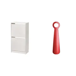 BISSA/SNÖSKYFFEL set: shoe cabinet with 2 compartments + shoehorn, white + bright red, 49x28x93 cm