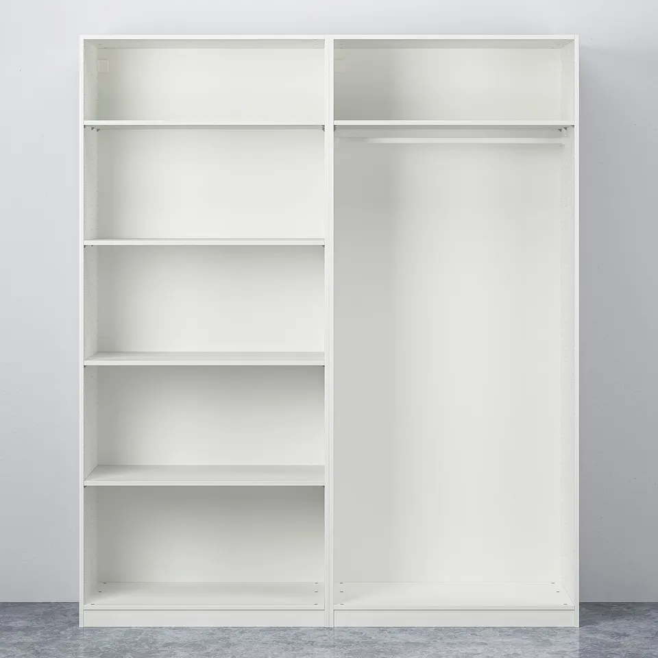White wardrobe with empty shelves and hangers. Modern design, sliding doors, adjustable feet.