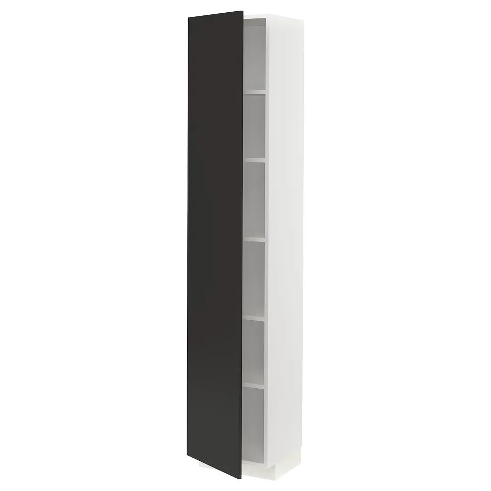Vertical ikea METOD kitchen unit with black door, multiple shelves.