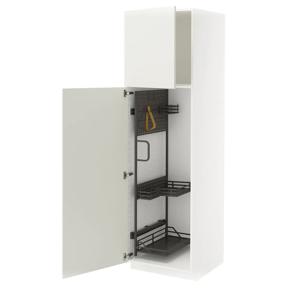 White METOD cabinet with pull-out organisers and yellow strap.