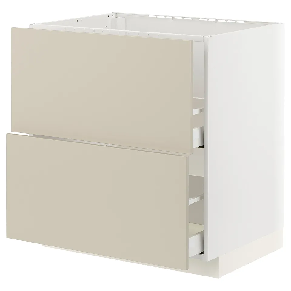 A beige METOD kitchen cabinet with two drawers. The cabinet has a smooth finish and is rectangular in shape.