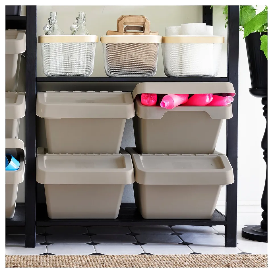 SORTERA Sorting bin with lid, beige, 37 l