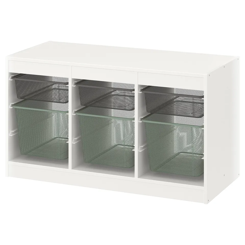 A white TROFAST storage unit with mesh baskets. Its rectangular and ideal for organising items.