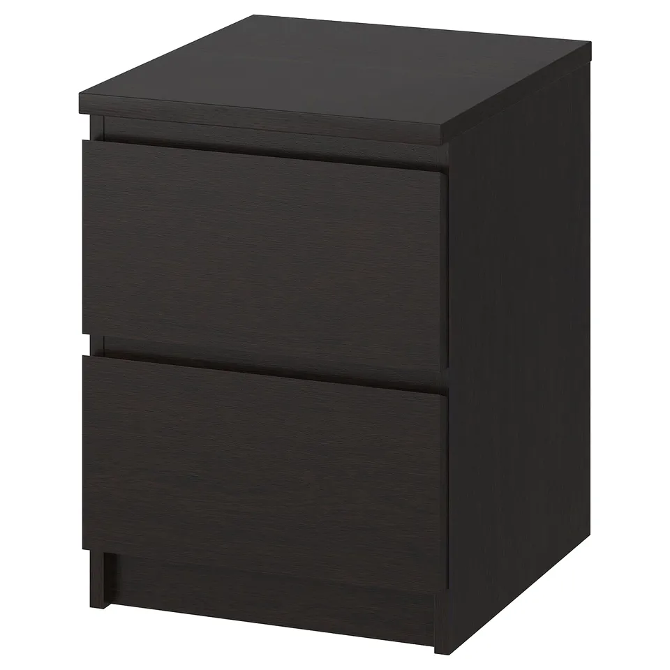 Black MALM chest of drawers, sleek modern design with two drawers, dark wood finish, rectangular shape.