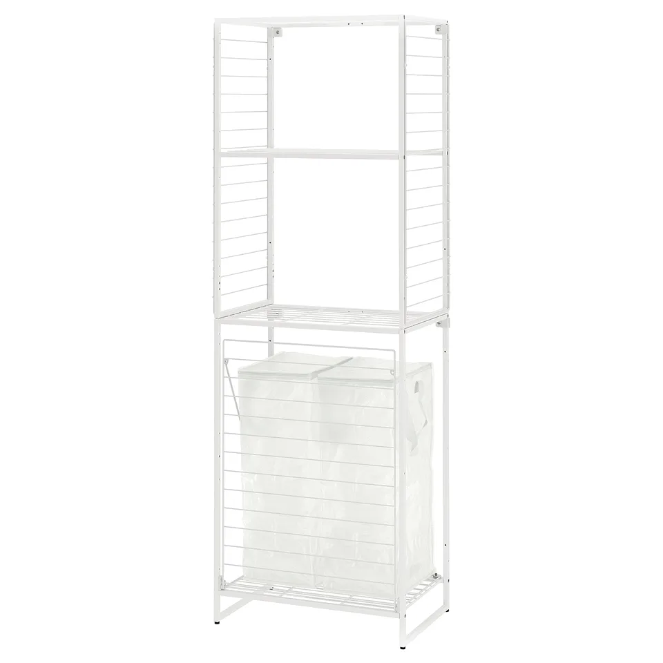 A white JOSTEIN shelving unit. Its made of steel with three open shelves and a mesh design. A fabric bag hangs on the bottom shelf for storage.