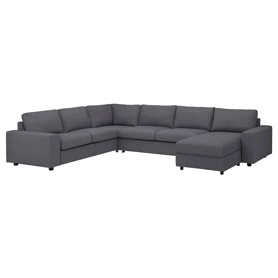 Grey VIMLE sectional sofa with chaise, modern design, dark grey gunnared fabric cover.