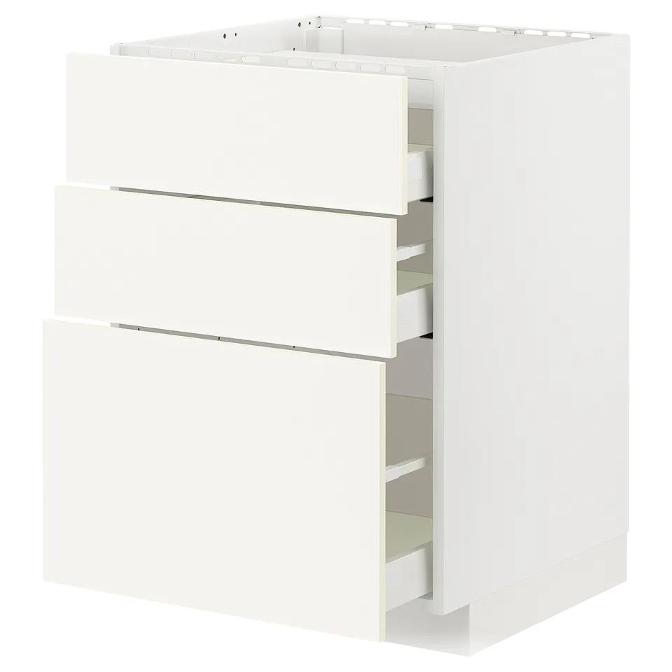 White METOD kitchen cabinet with three drawers, sleek design, made of particleboard and plastic.