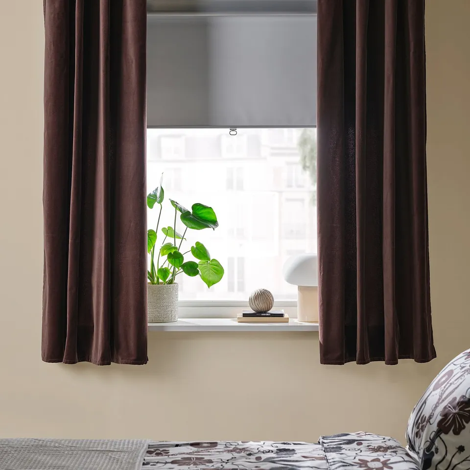 SANELA Curtains, 1 pair, dark brown/with eyelets, 140x160 cm