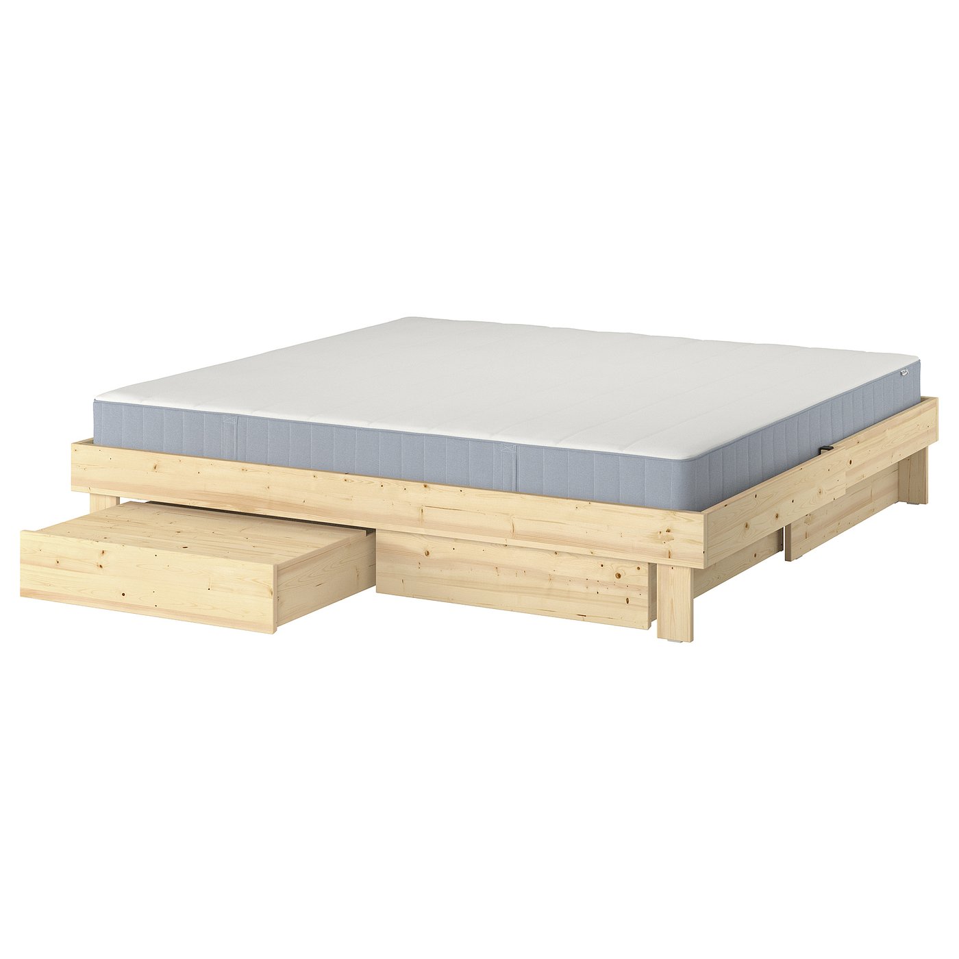 GLAMBERGET wooden extendable bed with white mattress, natural wood colour, rectangular shape, and built-in storage.