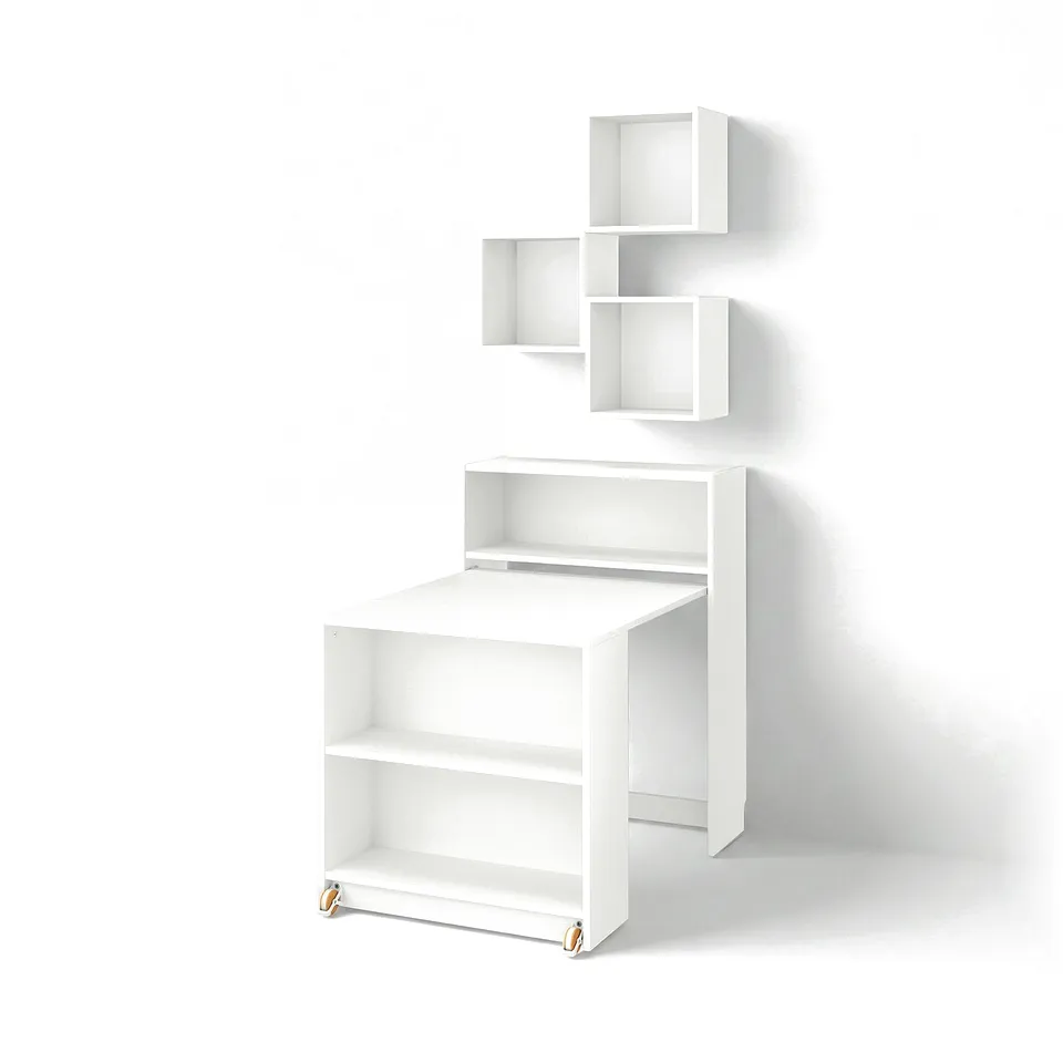 A white BILLY bookcase with a foldable table and modern cube shelves attached to a wall.