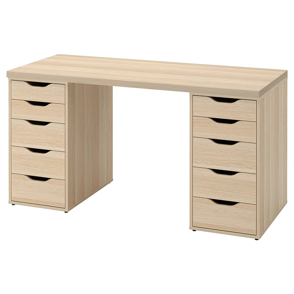 LAGKAPTEN beige desk, rectangular shape, two drawer units, light wood finish, sturdy design.