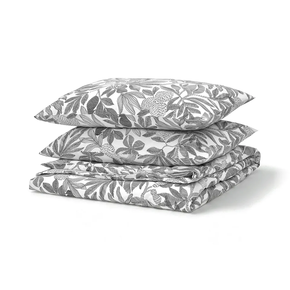 A BROKDRACENA duvet set in grey. It botanical designs on square pillows, made from recycled polyester and viscose.