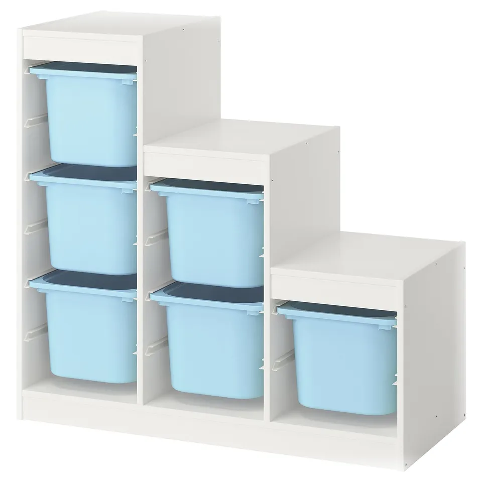 TROFAST white storage with blue boxes in 3-tiered shelves.