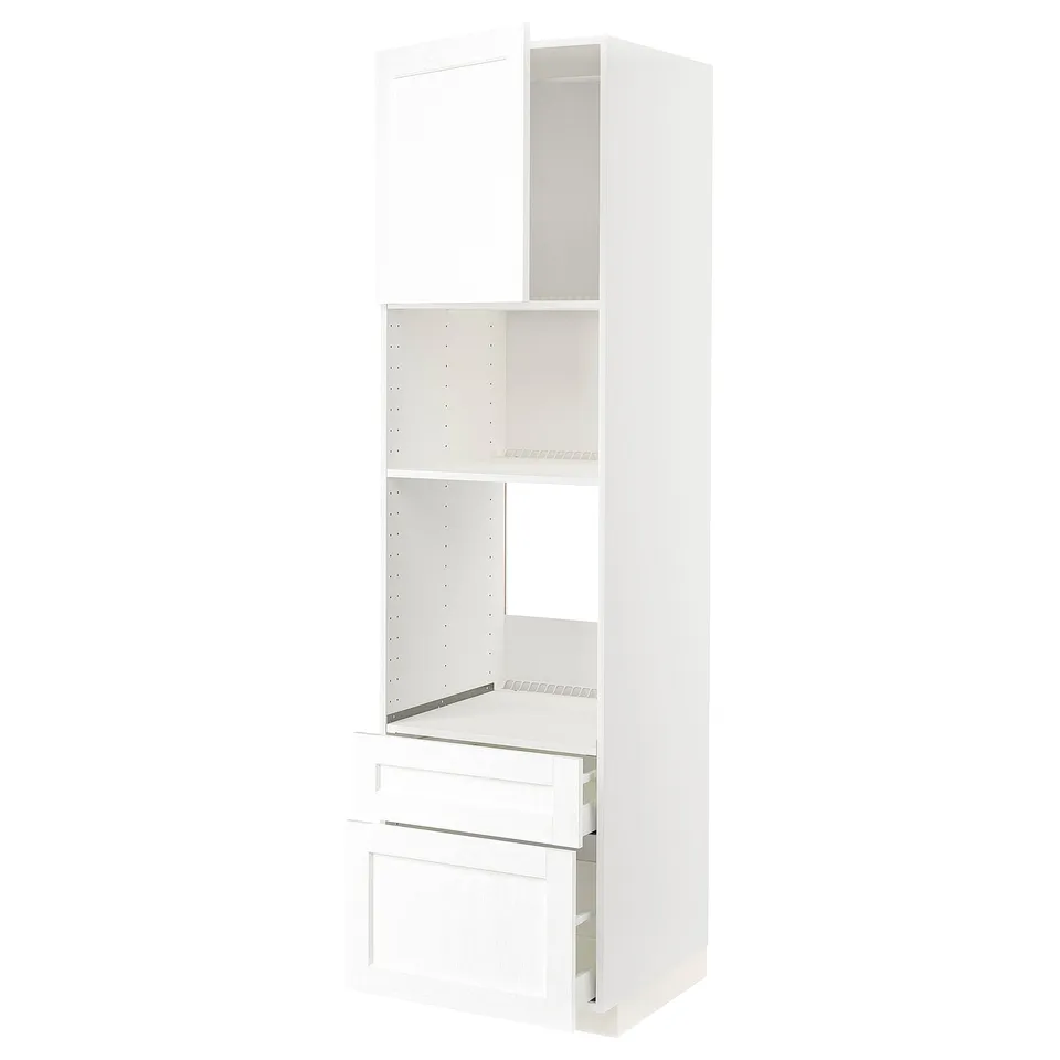 White METOD kitchen cabinet set with classic design; tall unit, shelves, drawers, subtle grain.