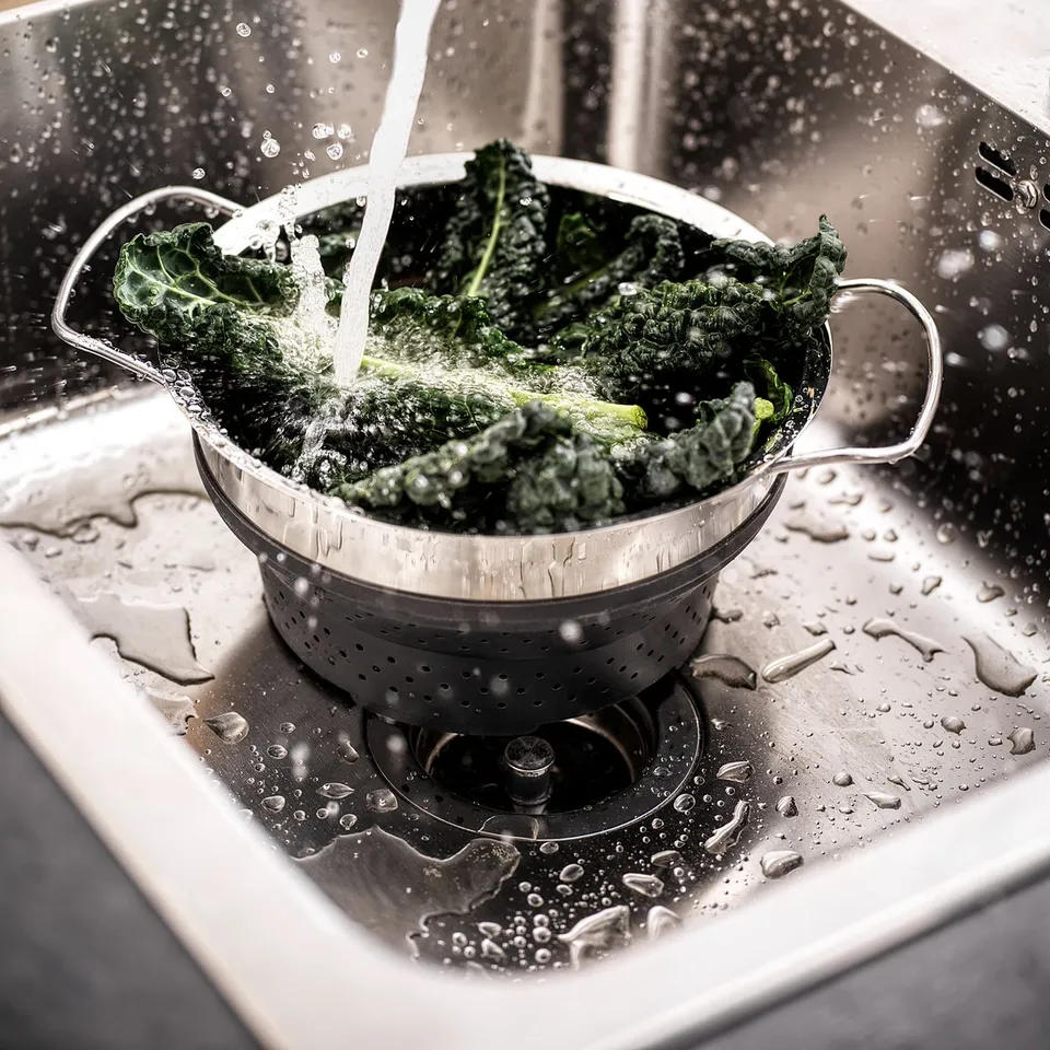 A silver KLOCKREN colander with handles washes green veggies, droplets splash, emphasising efficient design.