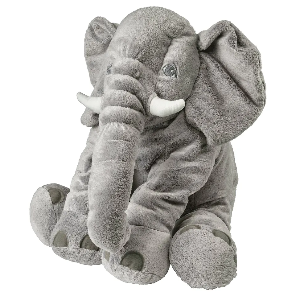 JÄTTESTOR grey elephant stuffed toy with floppy ears and white tusks.
