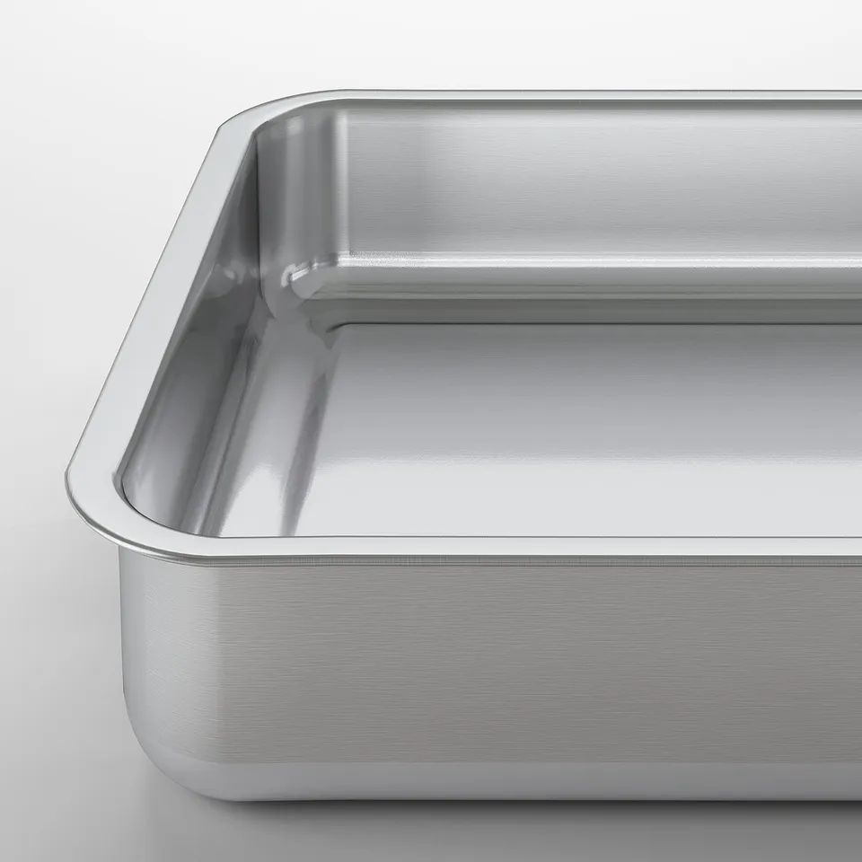 Shiny, stainless steel roasting tin. Modern, high quality, reflects light.