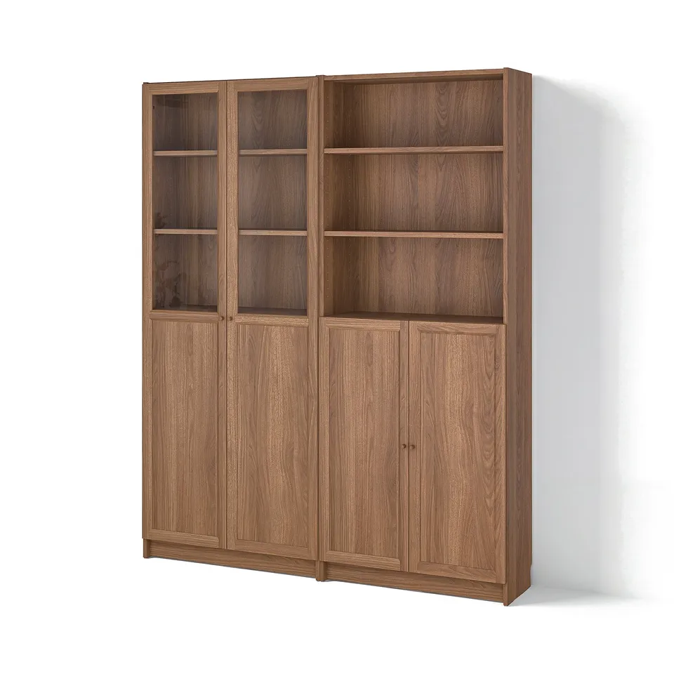 BILLY / OXBERG Bookcase with panel/glass doors, brown walnut effect/clear glass, 160x30x202 cm