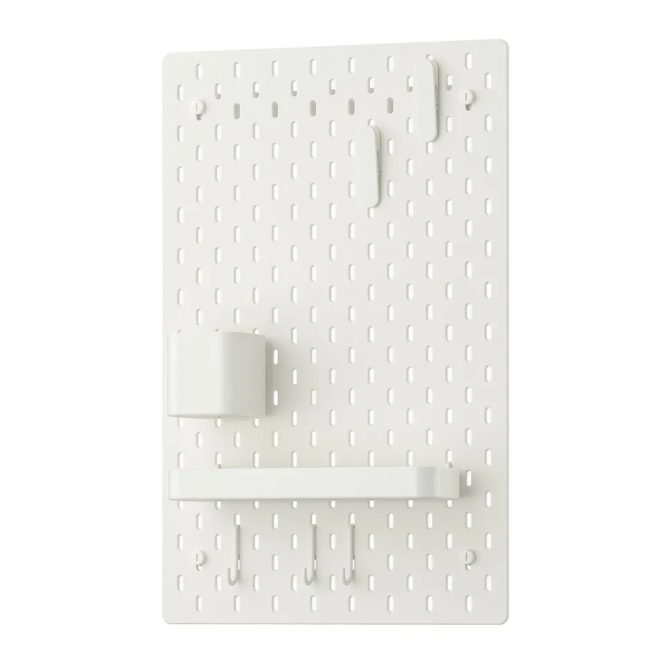 SKÅDIS white pegboard organiser with hooks and shelf on white background