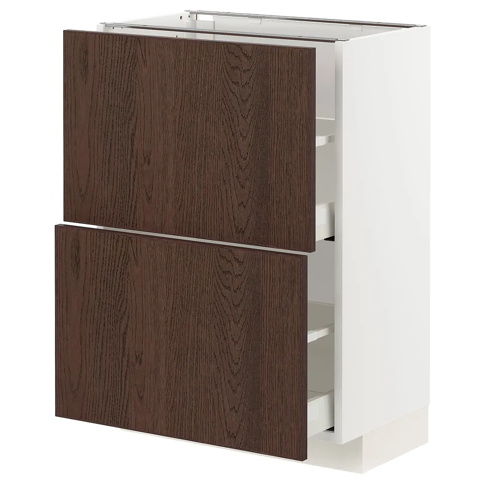 Modern white METOD kitchen unit with dark brown wooden drawers and cabinet doors.