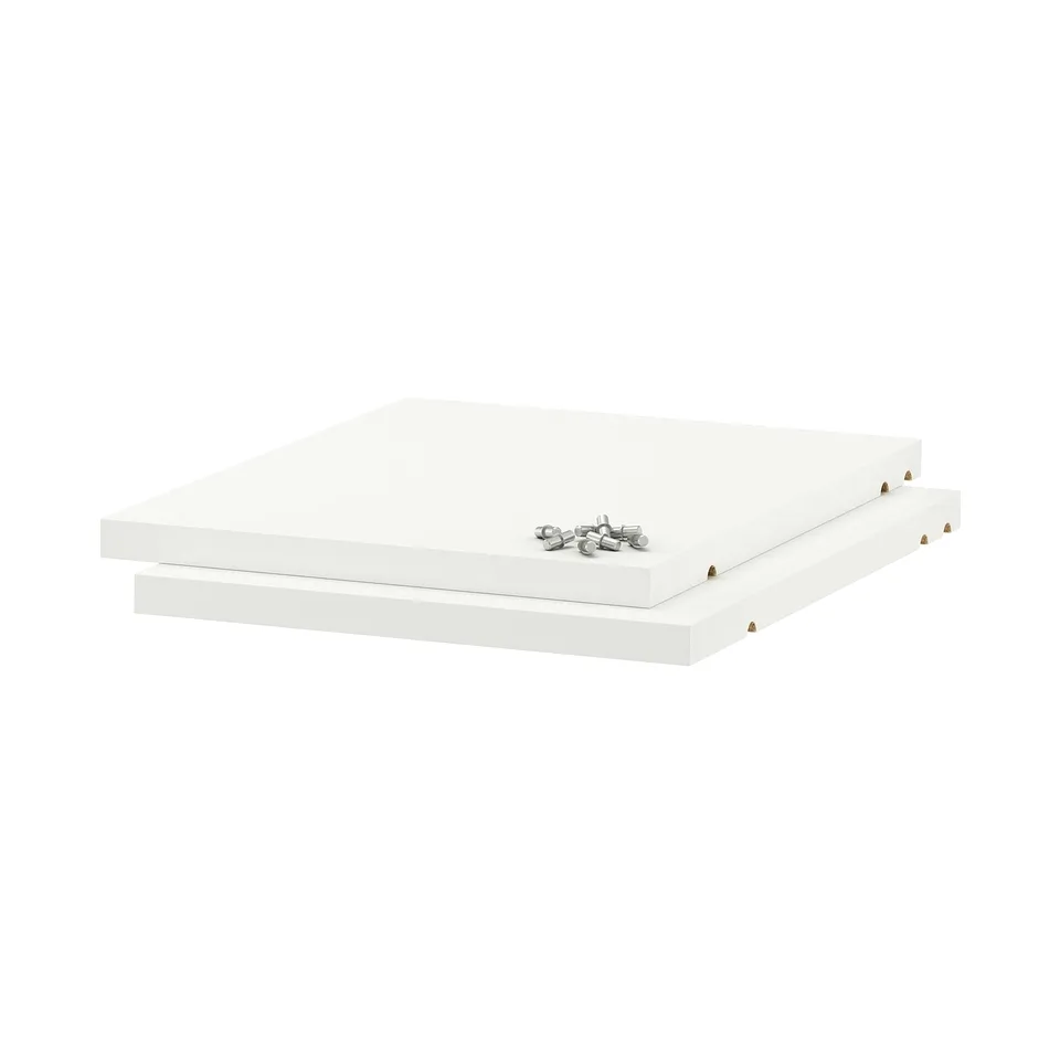 Two ikea UTRUSTA shelves, white melamine, 18mm thick, stack/mount with screws.