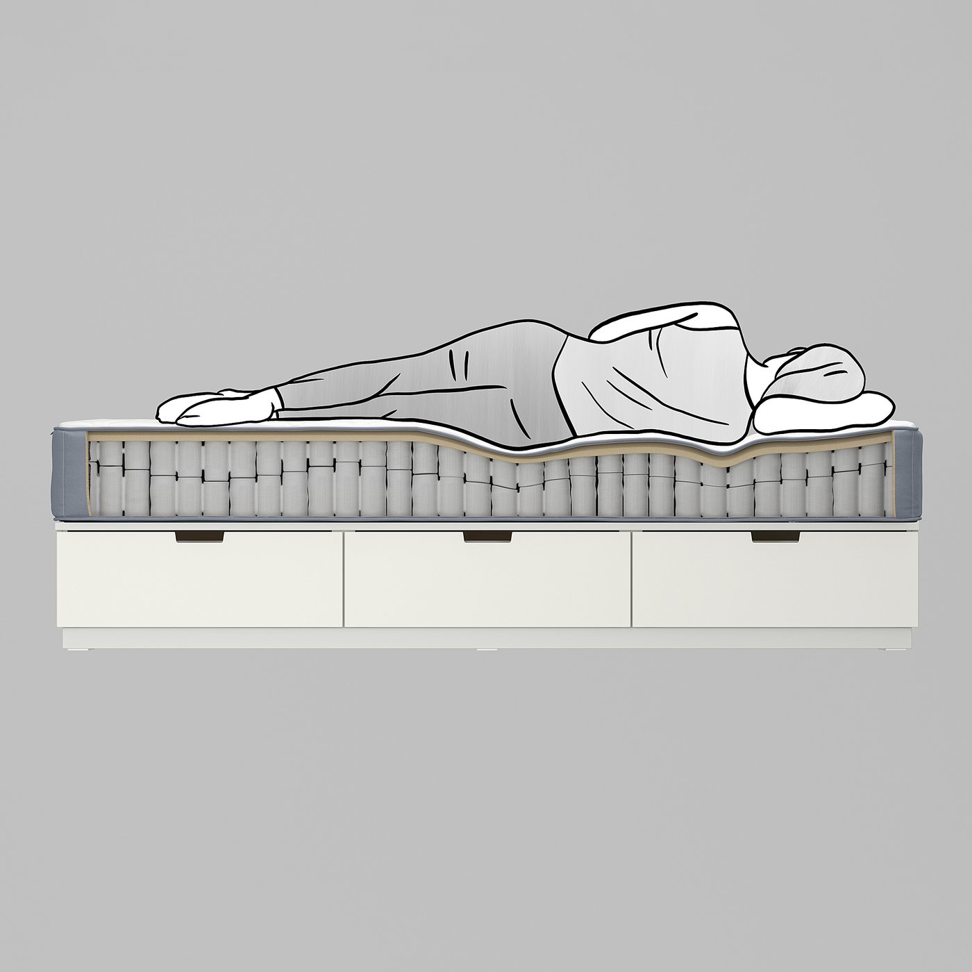 A NORDLI bed frame with a plush mattress on a grey background.