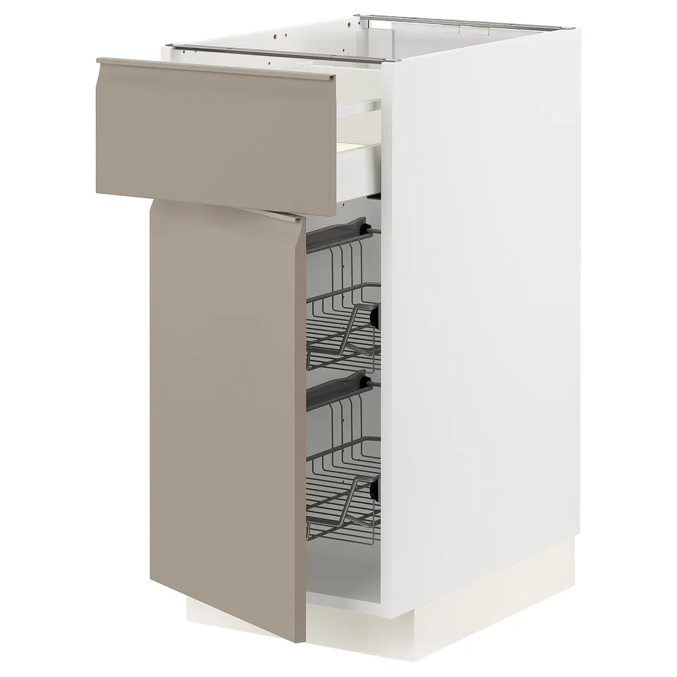 Modern grey-beige kitchen cabinet with wire baskets.