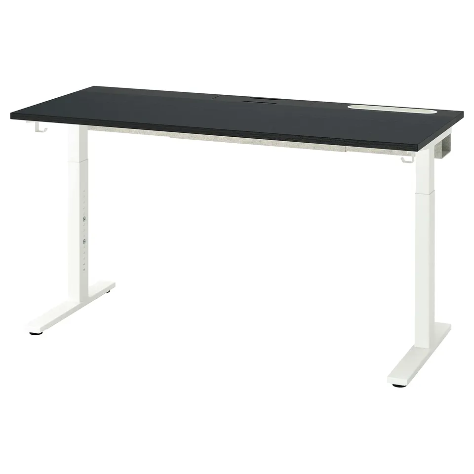 MITTZON desk: sleek black top, white frame, adjustable height. Modern, clean design.