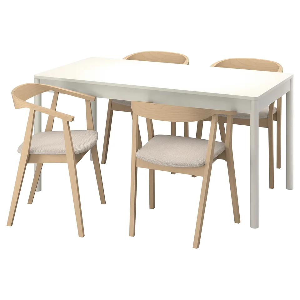 The TONSTAD dining set in matte off-white with wooden legs and four armrest chairs, suitable for everyday use.