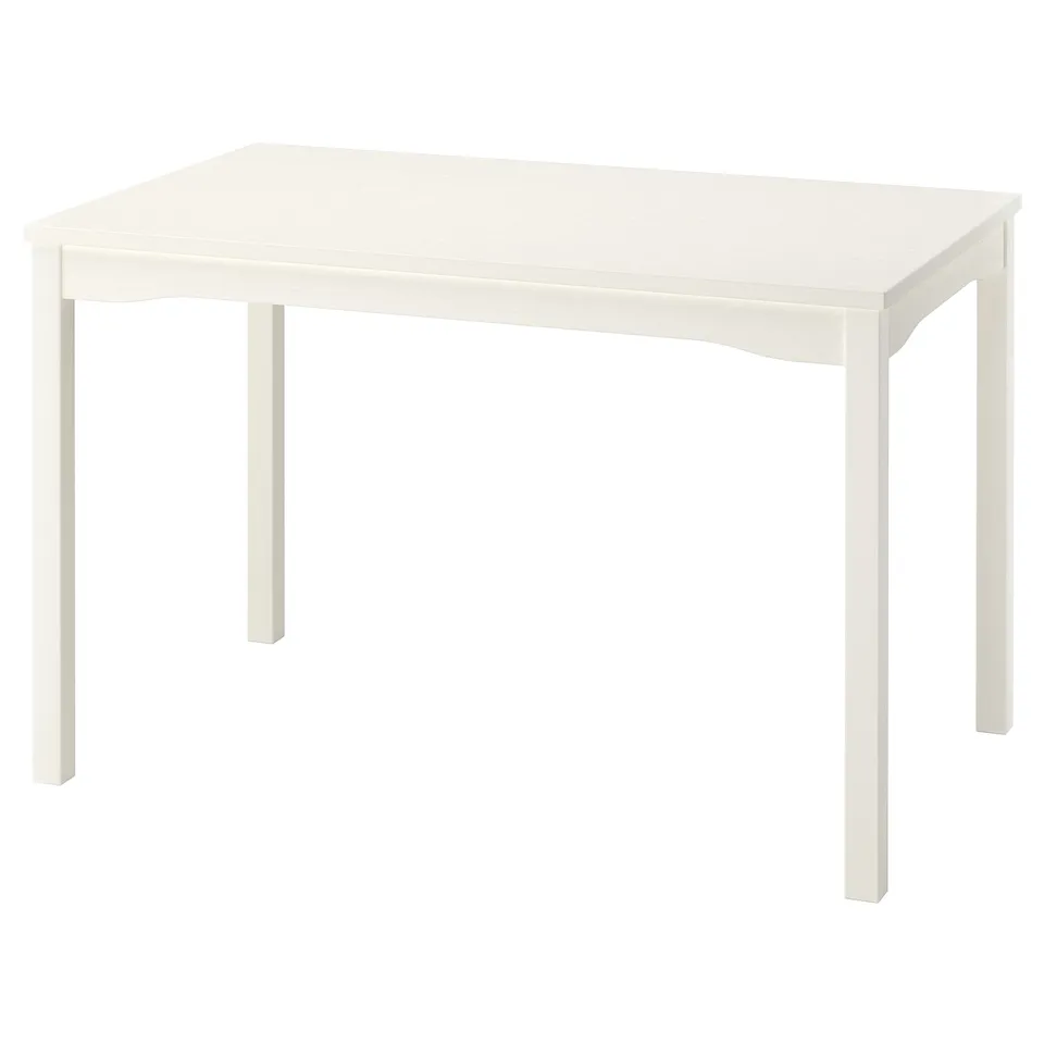 HAUGA: white rectangular wooden dining table. Simple, sturdy four-legged design.