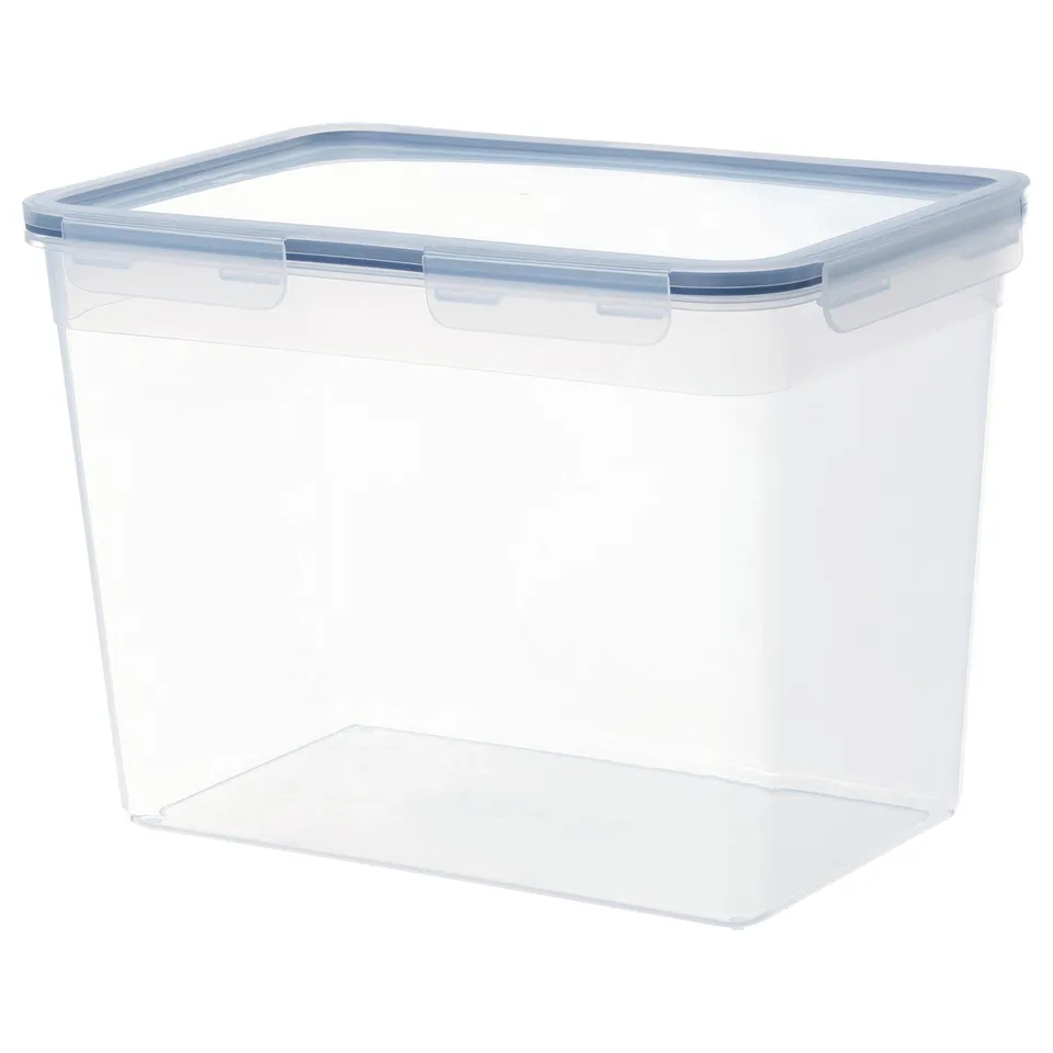 An IKEA 365+ clear, square plastic food container with lid.