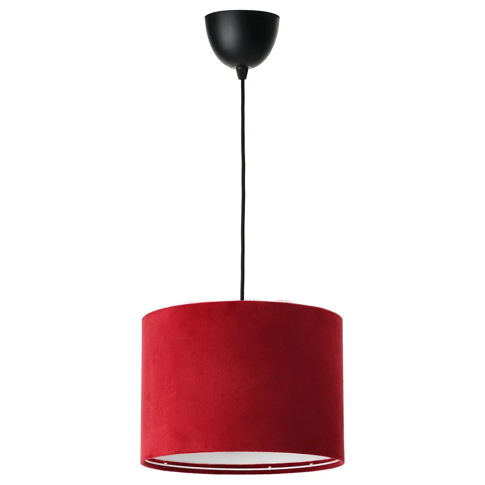 SUNNEBY pendant lamp with red velvet shade, black ceiling cup, adjustable cord, soft touch, clean design.