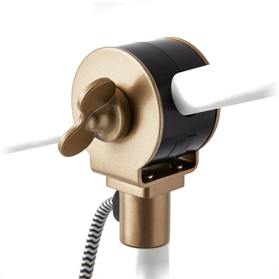Gold and black adjustable lamp joint on white pole, high-quality metal and plastic construction.