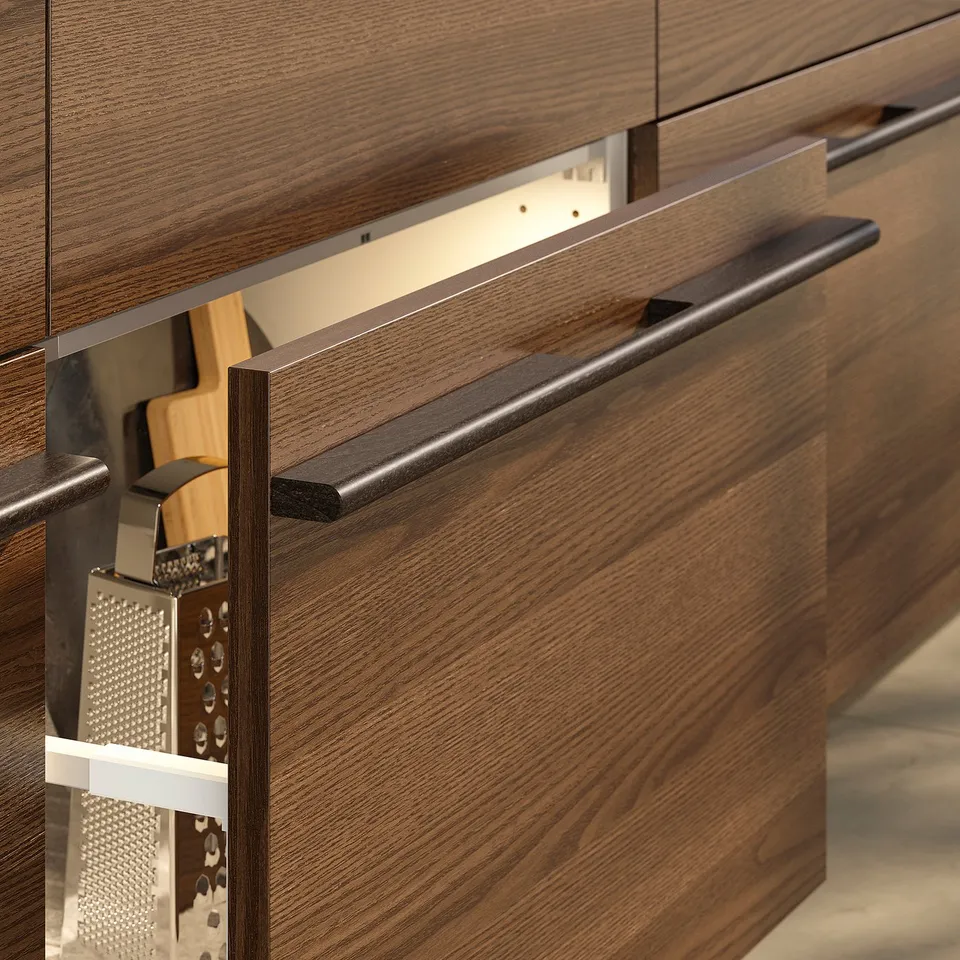 Dark brown wooden kitchen cabinets with horizontal handles.
