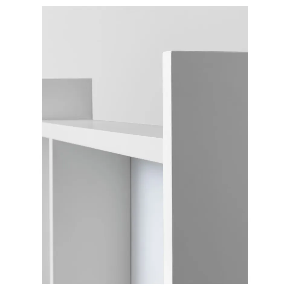 White desk with adjustable shelves, built-in notice board; quality materials, sturdy design.