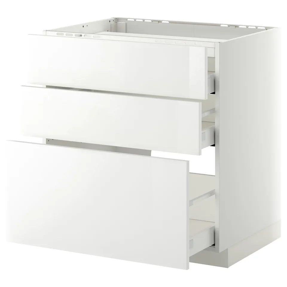White METOD kitchen cabinet, glossy finish, rectangular shape, with three drawers.