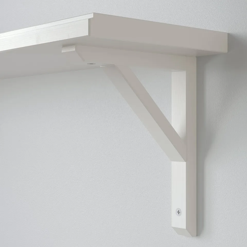 Sleek white wall shelf with sturdy wooden support.