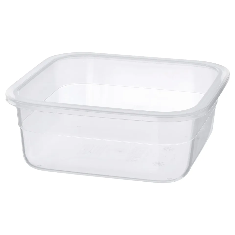 An empty, transparent square plastic container by IKEA 365+.