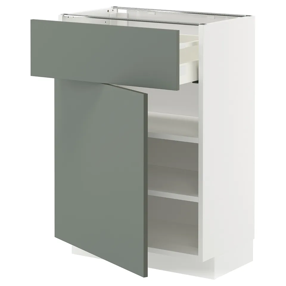 Ikea METOD kitchen unit with gray-green nickeby drawers and shelves.