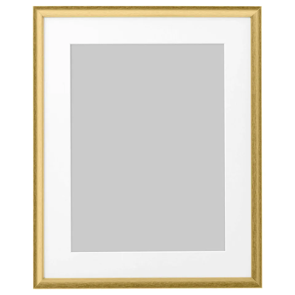Gold-toned empty picture frame with grey mat, vertical or horizontal use.