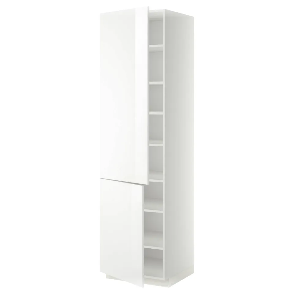 METOD kitchen cabinet in white with high gloss finish, rectangular shape, two adjustable shelves, and a reversible door.