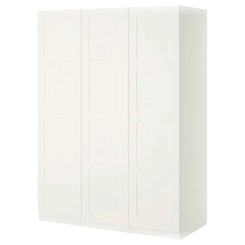 White PAX wardrobe, minimalist design. Rectangular shape, flat surface, slate white.