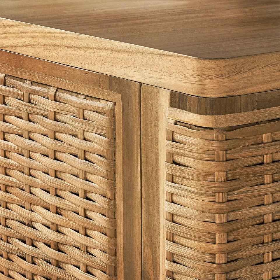 Wooden tv stand detail: wicker design, natural finish, sturdy craftsmanship.