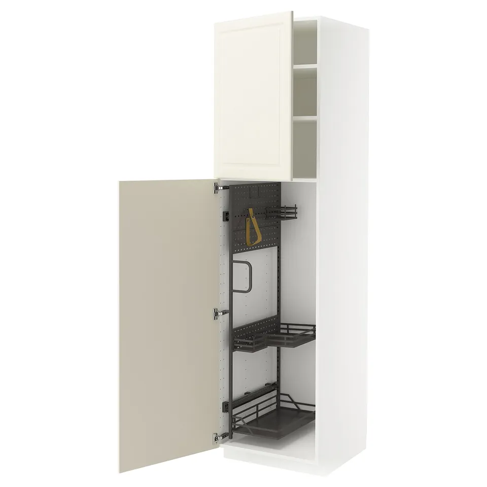 White METOD kitchen cabinet withbeveled off-white door, open for cleaning.