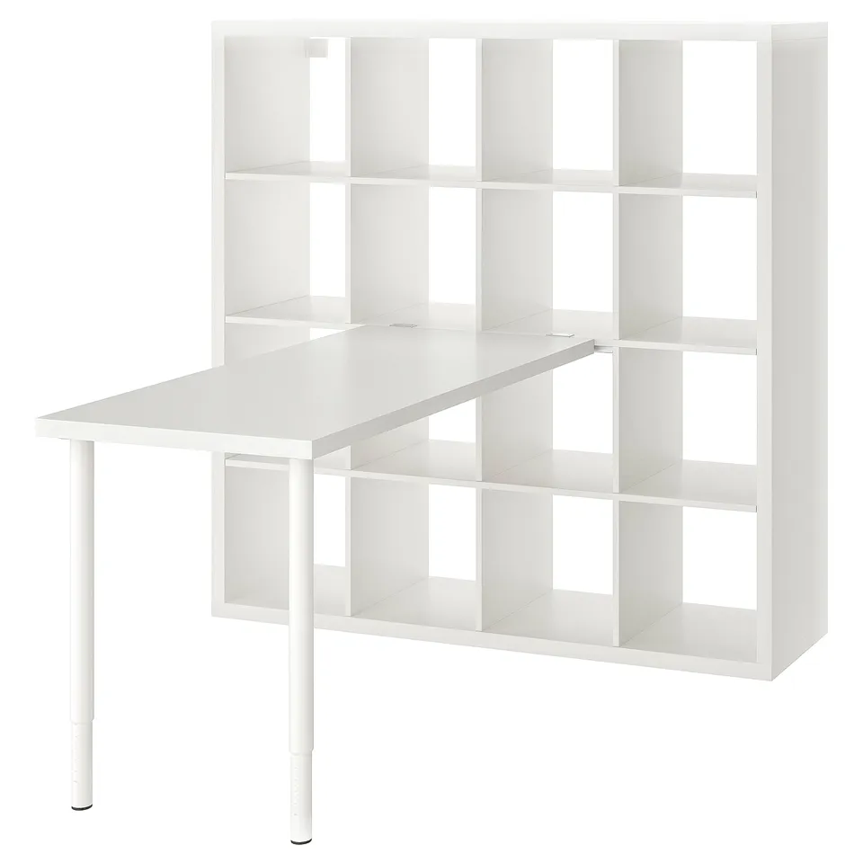 A white KALLAX shelving unit with adjustable legs and a table top. It has multiple cube compartments for storage.