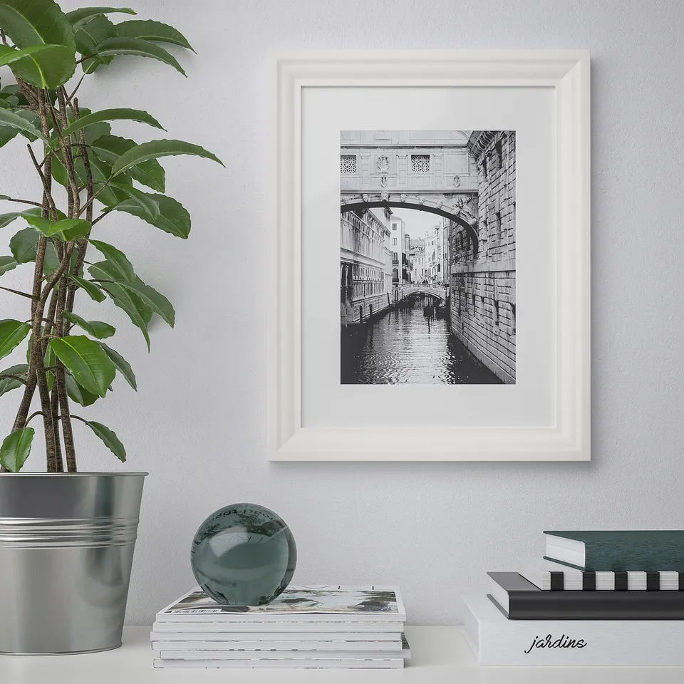 Framed black-and-white canal scene with bridge, displayed on wall beside plant and books.